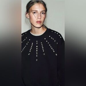 Zara Black Sweatshirt With Rhinestone Embellishments | NWT | L | Sold Out